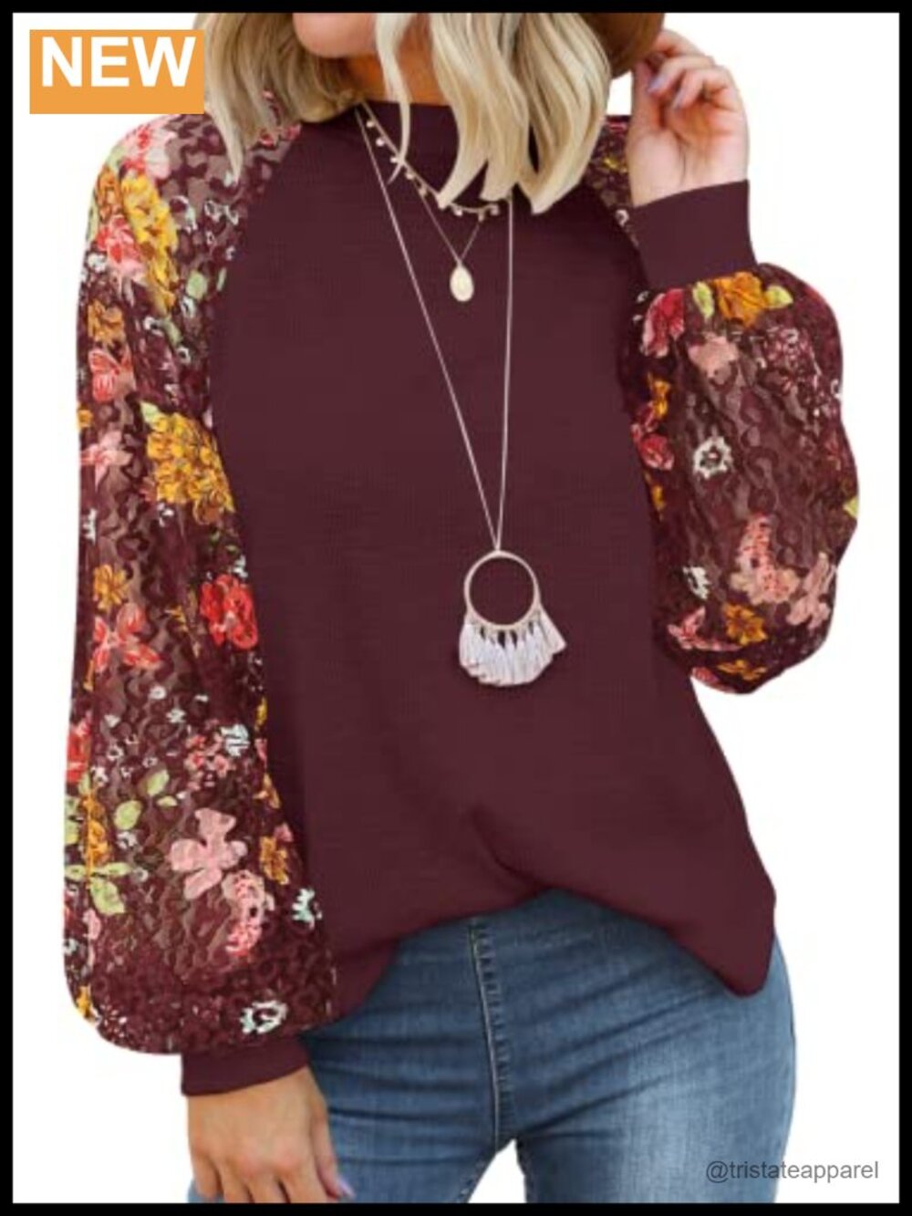 Womens Lace Long Sleeve Waffle Knit Blouse Loose Fit Casual Top